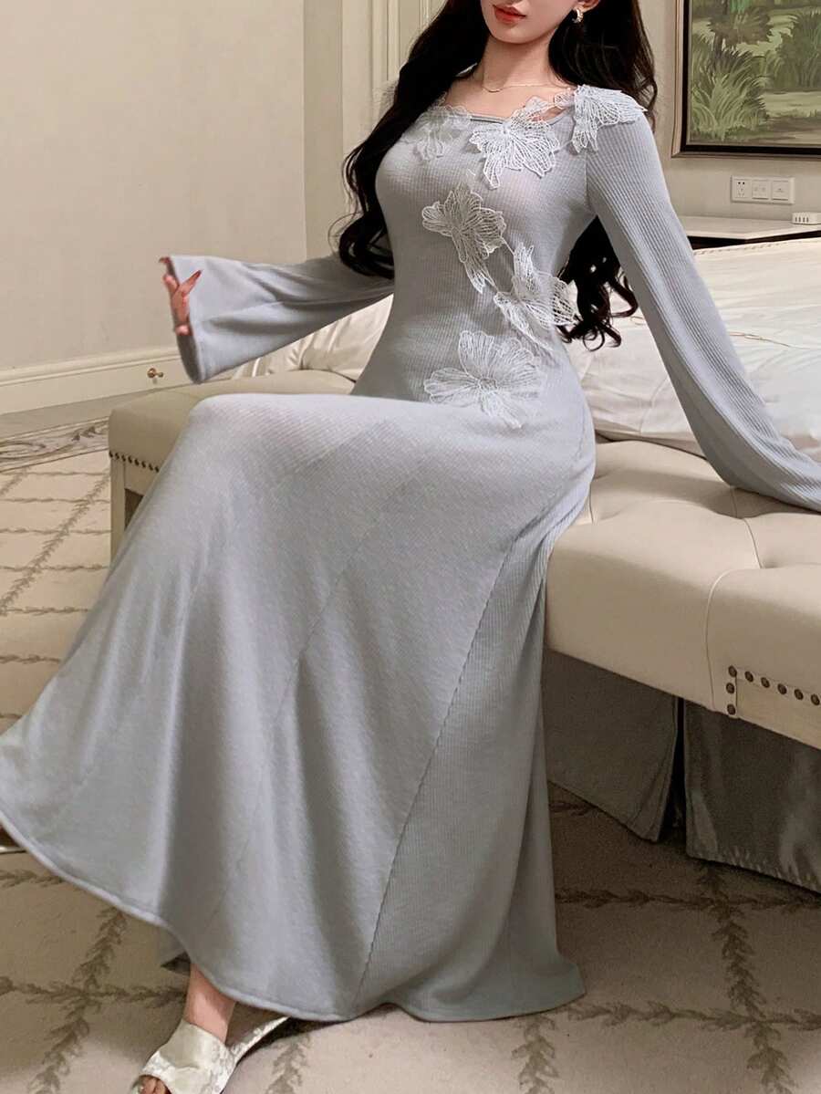 DAZY Romantic Asymmetric Collar Ruffle Trim Fitted Waist Long Women Nightgown - Light Grey - View 1