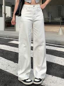 DAZY Calça Denim Coreana Casual de Perna Larga Solta com Bolso, Cor Sólida - Branco - Visão 5