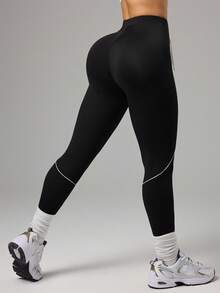 Dewbera Women's Drawstring Waist Casual Fitness Leggings - Black and White - View 2