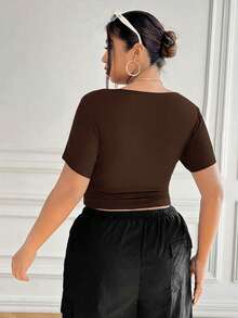 SHEIN EZwear Plus Size Brown Ruched Waist Elastic T-Shirt - Brown - View 8
