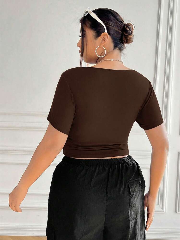 SHEIN EZwear 大码棕色褶皱腰部松紧T恤 - 棕色 - 查看 8