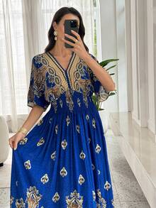 Lacomfia Đầm dự tiệc dài thanh lịch dành cho nữ, cổ chữ V, in hoa, thắt eo. - Màu xanh lam - Xem 7