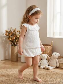 SHEIN Baby Girls Collared Shirt With Strawberry All-Over Print, Elastic Cuff, Ruffle Waist Skirt Set