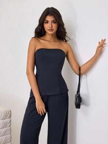 Aidyla Women's Casual Tube Top And Pants Two Pieces Set, Commuting And Streetwear - Dark Grey - View 6