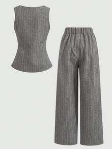 SHEIN 少女两件套：无袖条纹编织背心上衣和阔腿宽松裤，春夏款 - 灰色 - 查看 2