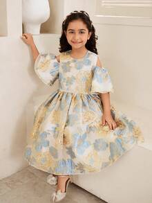 SHEIN Glamorique Kids Luxury Girls Vacation Style Flared Midi Dress With Blue Plant Pattern And Cold Shoulder Puff Sleeves For Young Kids - Blue - View 5