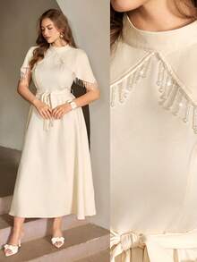 Roveilla 大码女式纯色立领/中立领/披肩领水钻条纹腰部A字短袖两用长连衣裙，杏色，优雅法式复古正式办公通勤休闲度假下午茶街头风简约百搭复古澳式休闲聚会情人节约会春夏新款 - 杏色 - 查看 1