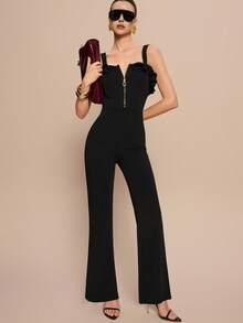 Leighera Bộ jumpsuit đen ôm sát người, trang trí khóa kéo, viền bèo nhún thanh lịch. - màu đen - Xem 4