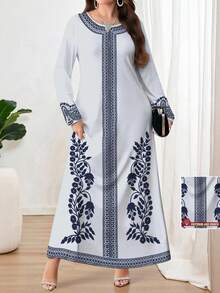 Al Najma Vestido largo de manga larga con cuello en V azul, elegante y de talla grande, con estampado floral, adecuado para citas, vacaciones, uso diario, casual, fiestas, festivales. Vestido largo de otoño/invierno para damas, vestido fluido, vestido maxi floral/vestido vintage, vestido con estampado botánico, vestido azul - Celeste - Ver 1