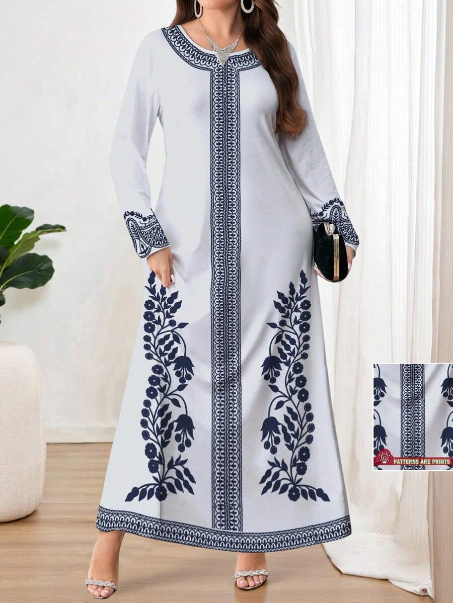 Al Najma Vestido largo de manga larga con cuello en V azul, elegante y de talla grande, con estampado floral, adecuado para citas, vacaciones, uso diario, casual, fiestas, festivales. Vestido largo de otoño/invierno para damas, vestido fluido, vestido maxi floral/vestido vintage, vestido con estampado botánico, vestido azul - Celeste - Ver 1