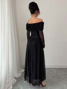 Elenzga Women's Romantic Valentine's Day 3D Floral Decor Off Shoulder Ruffle Long Sleeve Dress, Women's Resort Wear, Women's Luxury Evening Gown - Black - View 2