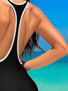 Swim SPRTY Women's Sexy Black & White High Cut One-Piece Swimsuit, Fashionable Sports & Beach Vacation Jumpsuit - Black and White - View 4