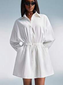 Aveloria GENKIRA New Oversized Simple White Casual Loose Dual Pocket Cinched Waist Versatile Long Sleeve Dress - White - View 3