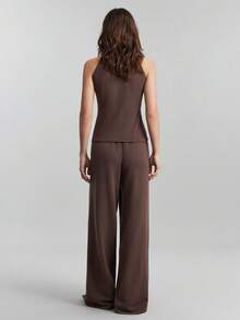 Ontre 2026春夏新品，四季皆宜，复古优雅商务休闲套装，百搭服饰，纳什维尔风格，复活节和圣诞节服装，女士休闲纯色系带吊带背心，适合都市通勤，商务休闲针织两件套，女士婚礼服 - 咖啡棕 - 查看 5