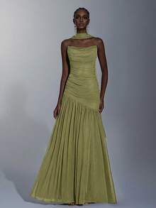 Elitara Elegant Wine Red Minimalist High-Elastic Mesh Strapless Ruched Waist A-Line Dress, Suitable For Dates, Singles Parties, Weddings, Formal Events