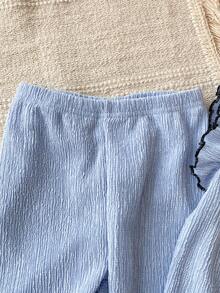 2pcs Baby Girls' Simple Elegant Solid Blue Short Sleeve Top And Pants Casual Comfortable Pajama Set Linen Sets For Toddler Girl Blue Two Piece Set Baby Light Blue Matching Set Toddler Girl Baby Girl Clothes Blue Blue Toddler Outfit - Baby Blue - View 5