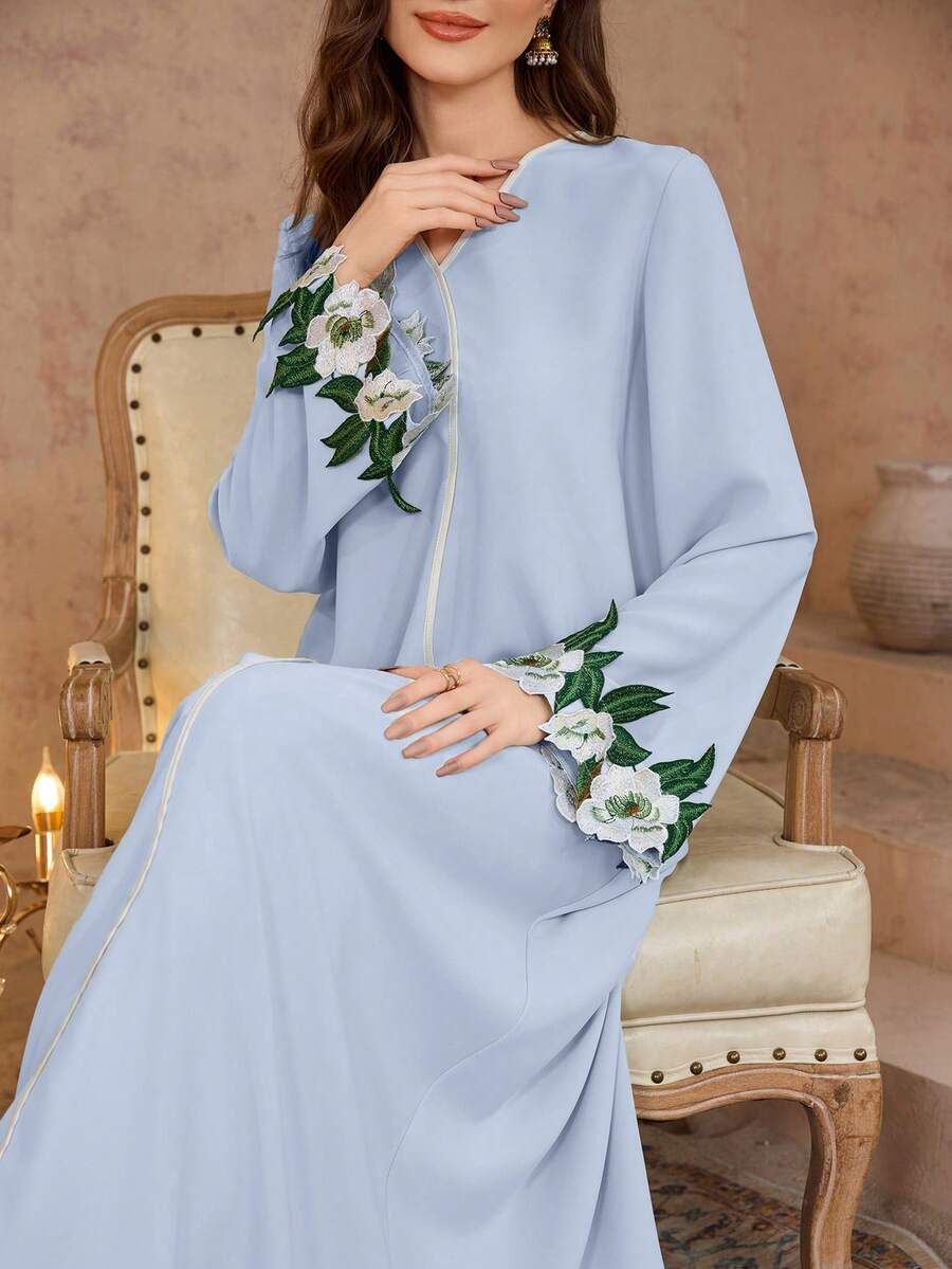 Al Najma 女士休闲派对浪漫撞色花卉拼接修身连衣裙 - 藍色 - 查看 1