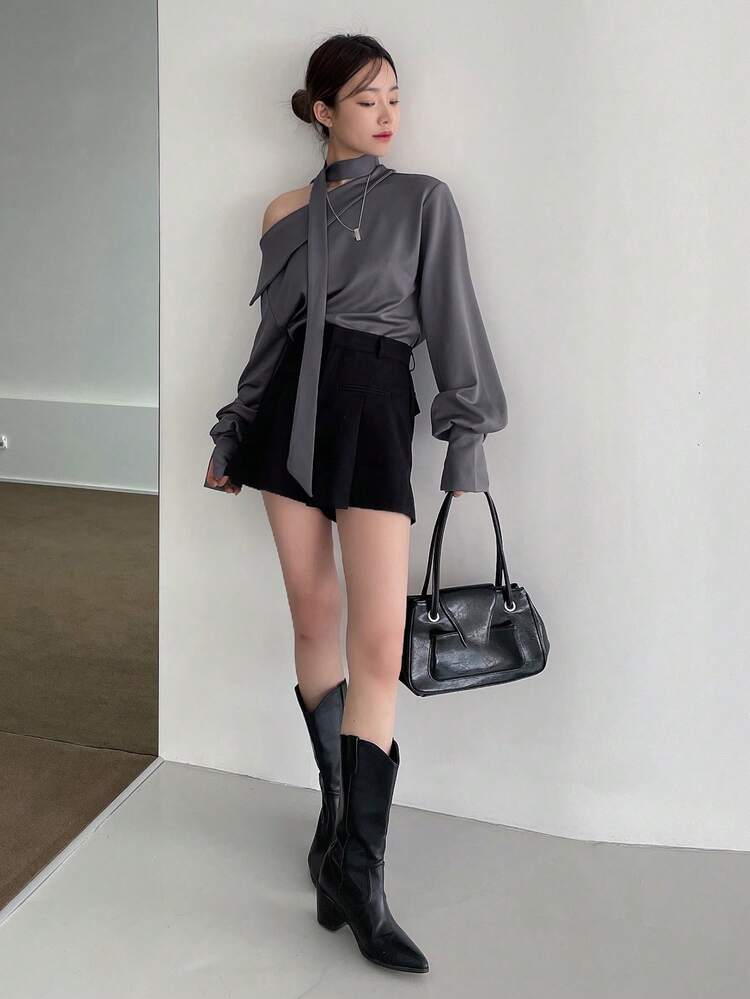 Solid Asymmetrical Neck Drop Shoulder Blouse With Tie,Long Sleeve Tops