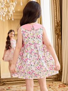 SHEIN Young Girl Ditsy Floral Peter Pan Collar Side Waist Bow Decor Sleeveless Cute Dress - Multicolor - View 3