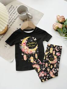 SHEIN 一套星月图案休闲修身圆领短袖上衣和裤子家居服套装，适合穆斯林女孩，休闲外出、聚会和其他场合穿着。 - 彩色 - 查看 2