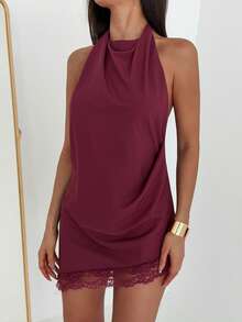 Aloruh 女士优雅加长蕾丝拼接吊带上衣 - 棕色 - 查看 2