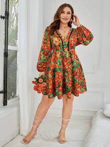 SHEIN VCAY Đầm thời trang cỡ lớn dành cho nữ, in hoa, hở lưng, buộc dây, tay phồng. - màu đen - Xem 4