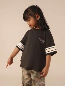 SUMWON Kids Face Graphic Tee With Striped Sleeves Crew Neck Short Sleeve T-Shirt With Fun Print Design - Black - View 6