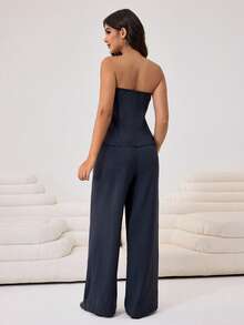 Aidyla Women's Casual Tube Top And Pants Two Pieces Set, Commuting And Streetwear - Dark Grey - View 2