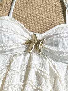 SHEIN 少女纹理针织杏色吊带背心式泳衣套装