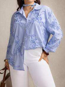 SHEIN LUNE 大码印花针织长袖休闲衬衫，适合感恩节、新年、假期、聚会、情人节等场合，优雅女式上衣，春季女装 - 藍白色 - 查看 9