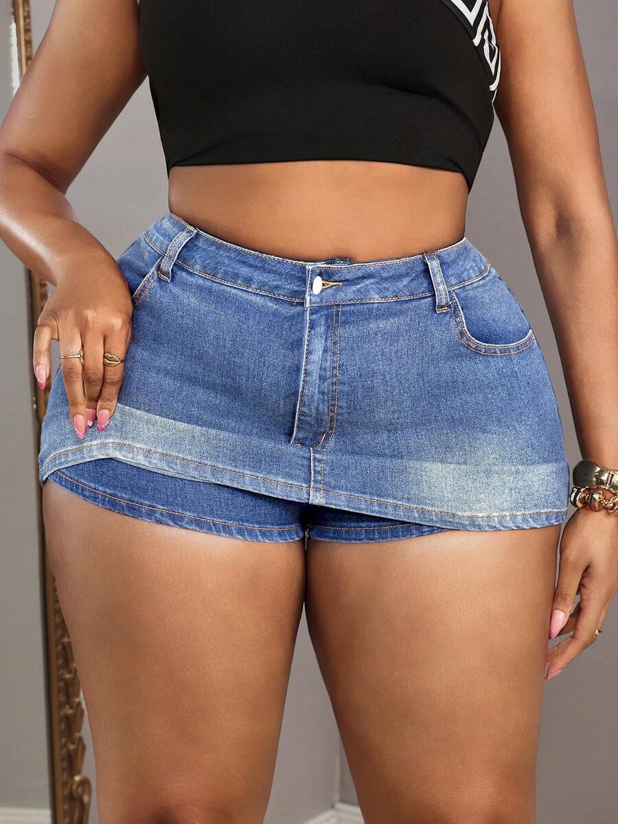 SHEIN Slayr 大码女式高腰带口袋纽扣水洗复古牛仔短裙，适合约会和外出穿着 - 藍色 - 查看 1