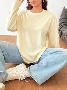 SHEIN EZwear Plus Size Solid Color Round Neck Casual Long Sleeve T-Shirt - Light Yellow - View 1