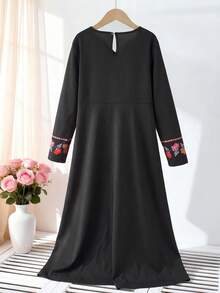 Tween Girl Long Sleeves Black Floral Rose Print Dress,Autumn Elegant Wedding Guest Arabic Abaya Jalabiya,Middle Eastern Style Kids Kaftan Maxi Dress - Black - View 2