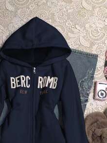 Glimmora Women's Letter Print Long Sleeve Zip Front Casual Sweatshirt - Navy Blue - View 3