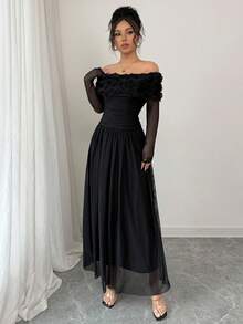 Elenzga Women's Romantic Valentine's Day 3D Floral Decor Off Shoulder Ruffle Long Sleeve Dress, Women's Resort Wear, Women's Luxury Evening Gown - Black - View 3