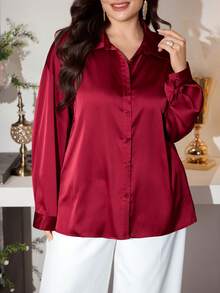 Modelyn Plus Size Women Loose Fit Satin Long Sleeve Shirt, Suitable For Commuting, Autumn - Burgundy - View 10