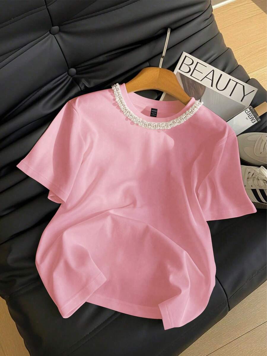 Resyla Women's Round Neck Embellished Chain Design Short Sleeve Casual T-Shirt, Summer - Pink - View 1
