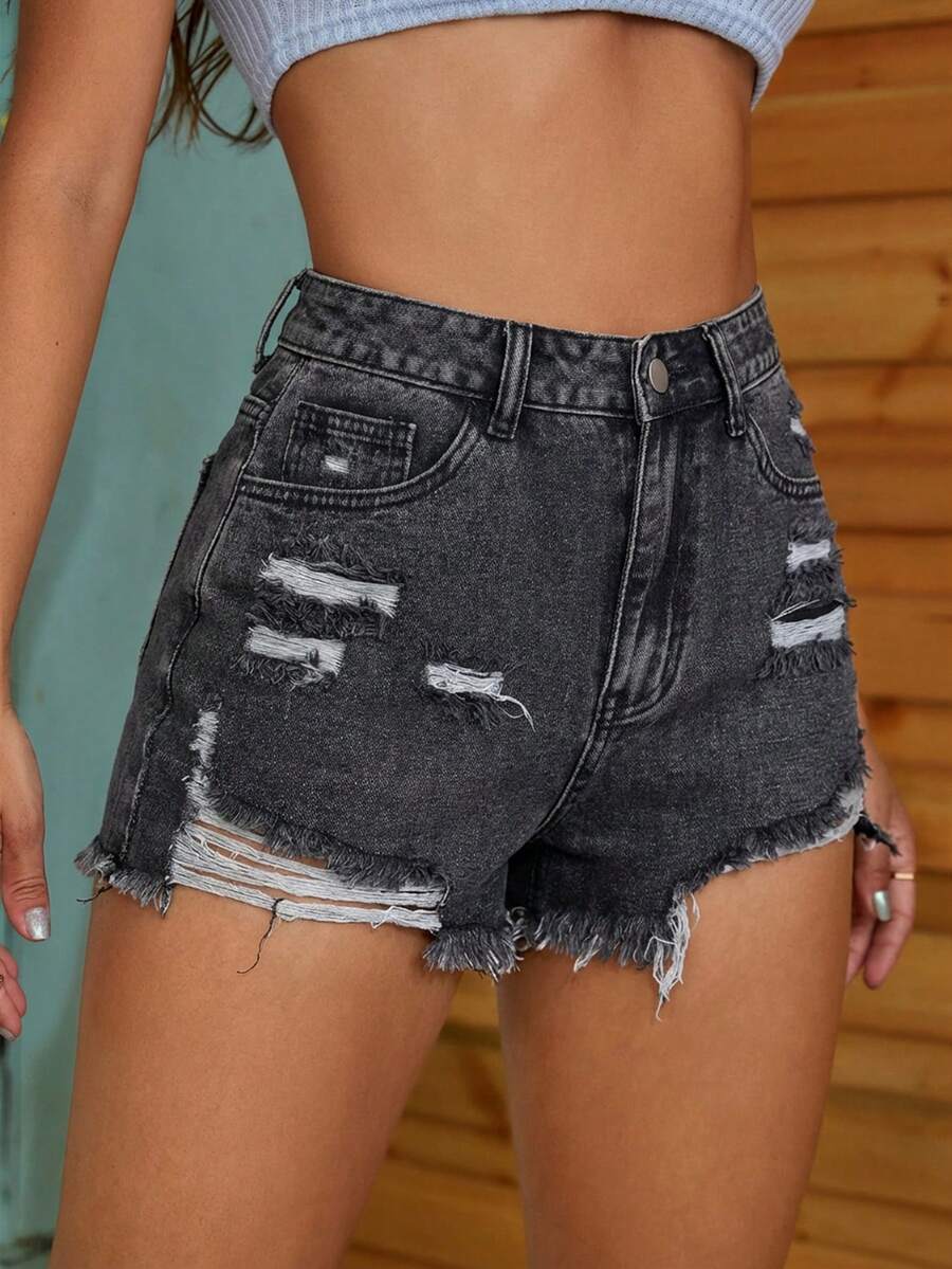 Jeanoix 女士高腰带口袋破洞毛边休闲牛仔短裤 - 灰色 - 查看 1