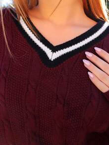 SILVIA DI SANTO 撞色拼布圆领长袖简约毛衣，休闲日常穿着，长袖上衣 - 酒紅色 - 查看 6