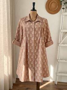 Rusticease Đầm sơ mi dài tay cài cúc đơn xếp ly thêu hoa dành cho nữ cỡ lớn - Nhiều màu - Xem 5