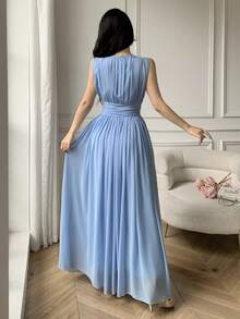 Celisse Knitted Mesh V-Neck Sleeveless Elegant Fitted Midi Dress For Women - Blue - View 2