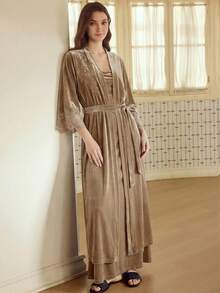 MOTF PREMIUM VELVET EMBROIDERED FLORAL LACE PATCHWORK ELEGANT BELTED ROBE - Champagne - View 7