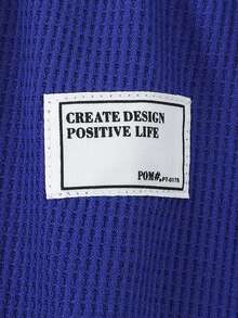 SHEIN Casuvi Kids 2pcs/Set Tween BoysSummer Outfit, Tween Boys Waffle Texture 2-Piece Set, Top Is A Casual Navy Blue Hooded Short Sleeve Sports T-Shirt With White Knit Fabric On Sleeves And Print, Bottom Is A Waffle Texture Sports Style Long Pants With White Graphic Print, Casual Sports Style Outfit Suitable For Daily Wear, Sports, Vacation, Holidays - Royal Blue - View 11