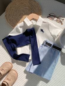 SHEIN 男宝宝夏季休闲可爱学院风蓝白条纹短袖衬衫、松紧腰短裤、披肩绅士套装，适合生日派对、锐舞派对、晚宴、演出、婚礼、迎婴派对、一周岁生日庆祝等场合。 - 彩色 - 查看 6