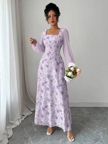 Modelyn Vestido de verano elegante de manga larga con cuello cuadrado y estampado para mujer - Morado - Ver 7