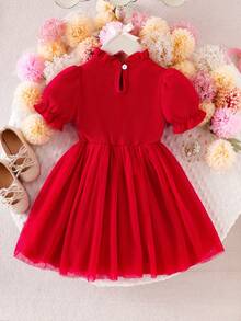 Youth Girls Red Puff Sleeve Short Dress With Stand Collar Zipper And Halloween Pattern - Red - View 2