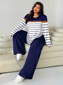 SHEIN EZwear 大码女式黑白条纹圆领长袖T恤和长裤休闲两件套，秋冬女式两件套，舒适居家两件套，长袖两件套 - 彩色 - 查看 4