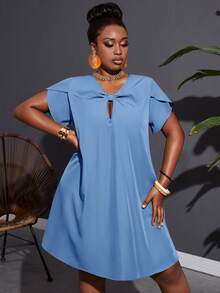 Slaydiva Đầm dáng chữ A màu xanh lá cây, cỡ lớn, chất liệu vải chéo, kiểu dáng thường ngày, không co giãn, có chi tiết thắt nút, thích hợp cho phụ nữ đi nghỉ mát. - Màu xanh lam - Xem 6