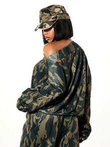 SUMWON WOMEN Oversized Off Shoulder Camouflage Sweatshirt With Script Print Long Sleeve Boxy Fit Pullover For Casual Winter Fall Style - Army Green - View 2