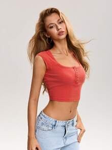 SHEIN ICON Y2k Women's Goth Sexy Casual Solid Color Cropped Tank Top, Summer - Redwood - View 14